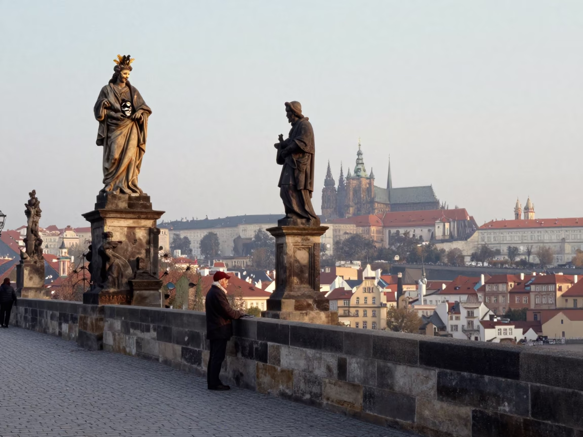 First Light on Prague Charles Bridge with Carnival Mask and Stacked Plates in in Prague, Czech Republic