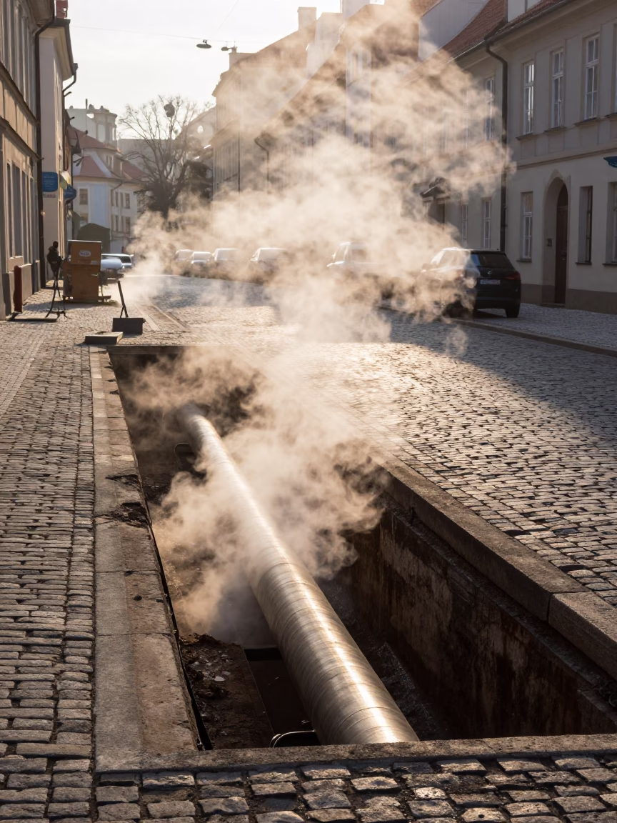 First Light on Prague District Heating Pipe Trench Steaming Through Autumn Leaves in in Prague, Czech Republic