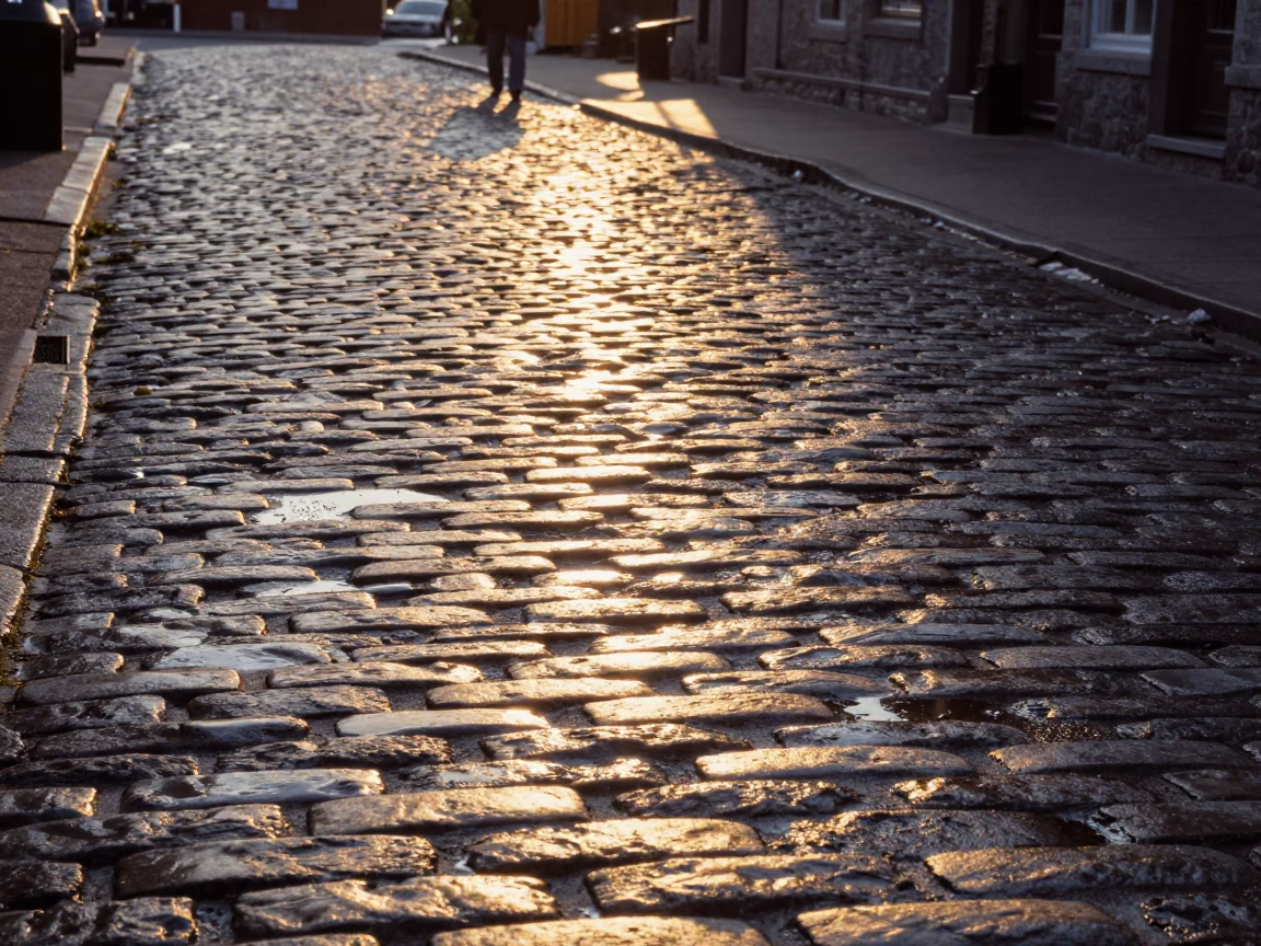 First Light on Quebec City Cobblestones with Condensation and High Fashion Details in in Quebec City, Quebec, Canada