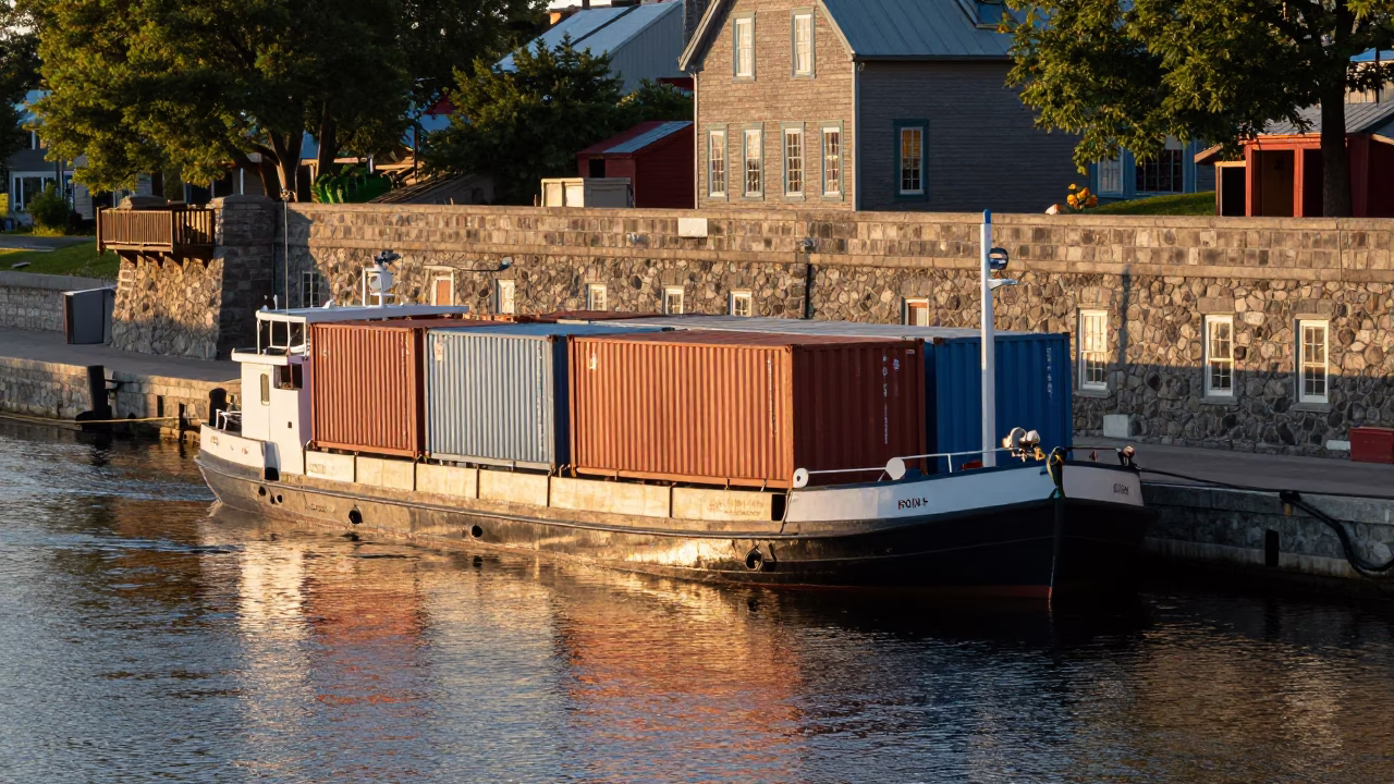 First Light on Quebec City Old Port Canal Barge Cargo at Dawn in in Quebec City, Quebec, Canada