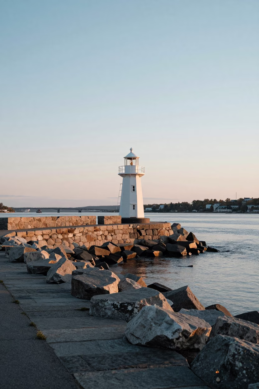 First Light on Quebec City Old Port Stone Breakwater Beacon and Sea Fog in in Quebec City, Quebec, Canada