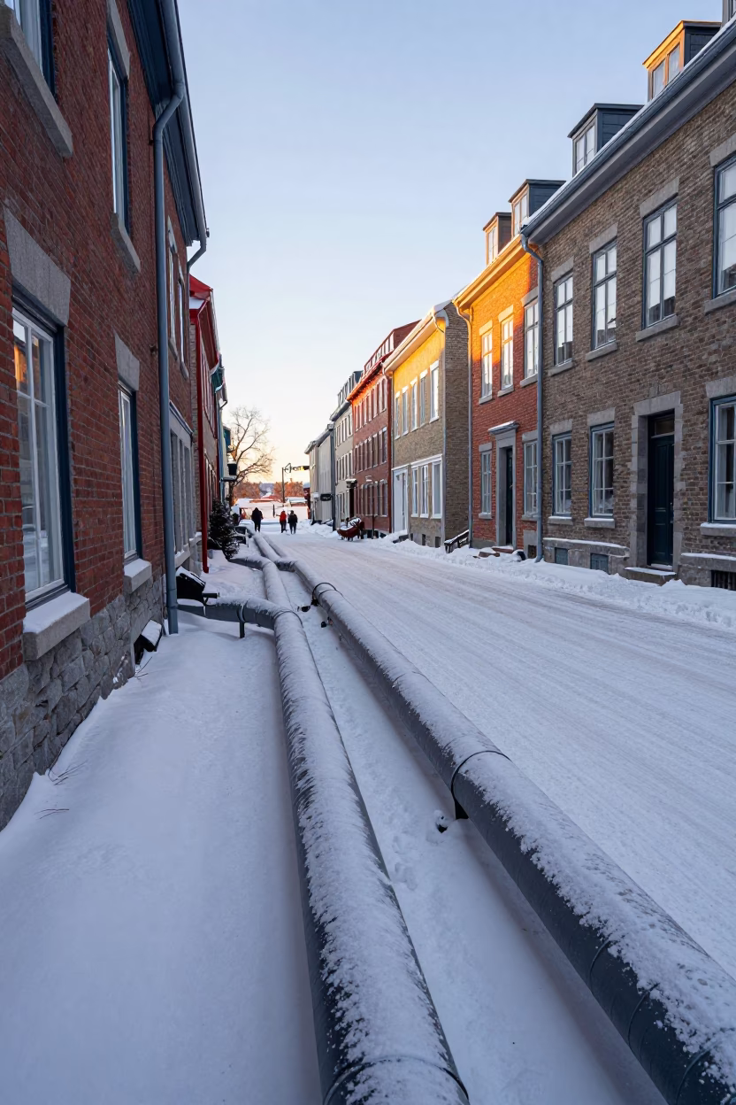First Light on Quebec City Snow with District Heating Pipes and Observatory Dome Fog in in Quebec City, Quebec, Canada