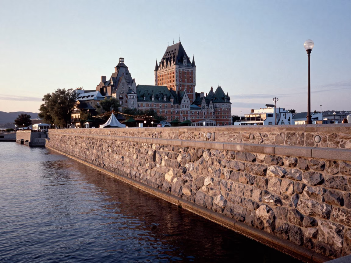 First Light on Quebec City Waterfront Stone Embankment and Historic Gate Hardware in in Quebec City, Quebec, Canada