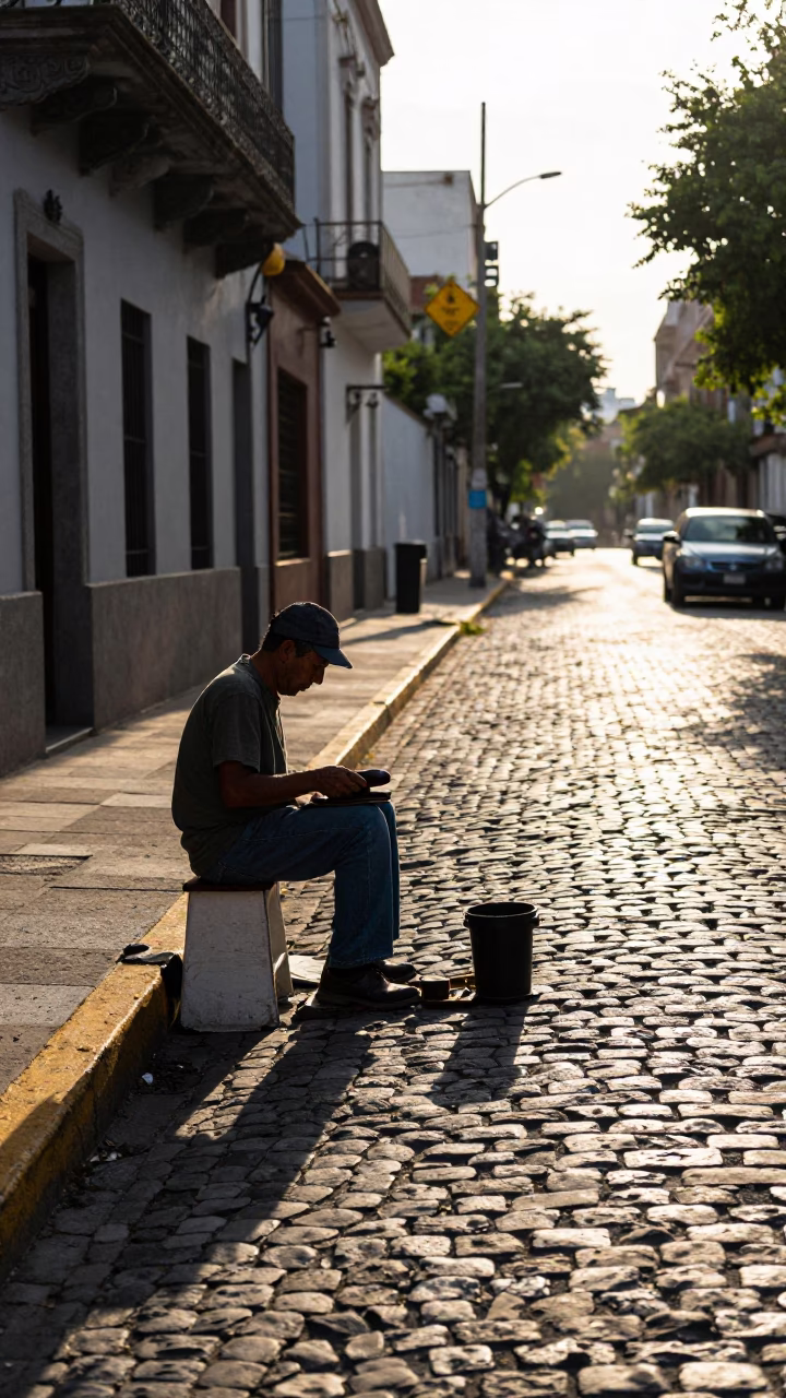 First Light on Recoleta Cobblestones with Shoe Shine and Vintage Details in in Buenos Aires, Argentina
