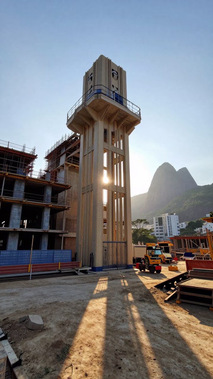 First Light on Rio Construction Site with Elevator Gate and Rebar Bundles in Brazil in in Rio de Janeiro, Brazil