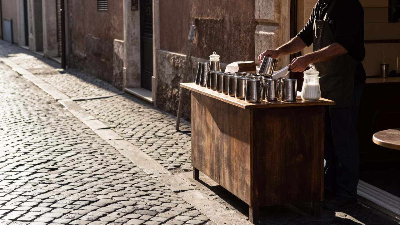 First Light on Roman Street with Measuring Cups and Sugar Jar in in Rome, Italy