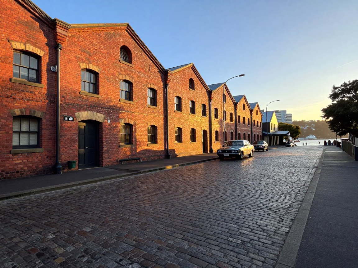 First Light on Salamanca Place Hobart Tasmania Cobblestone Street Scene with Vintage 1980s Details in in Hobart, Tasmania, Australia
