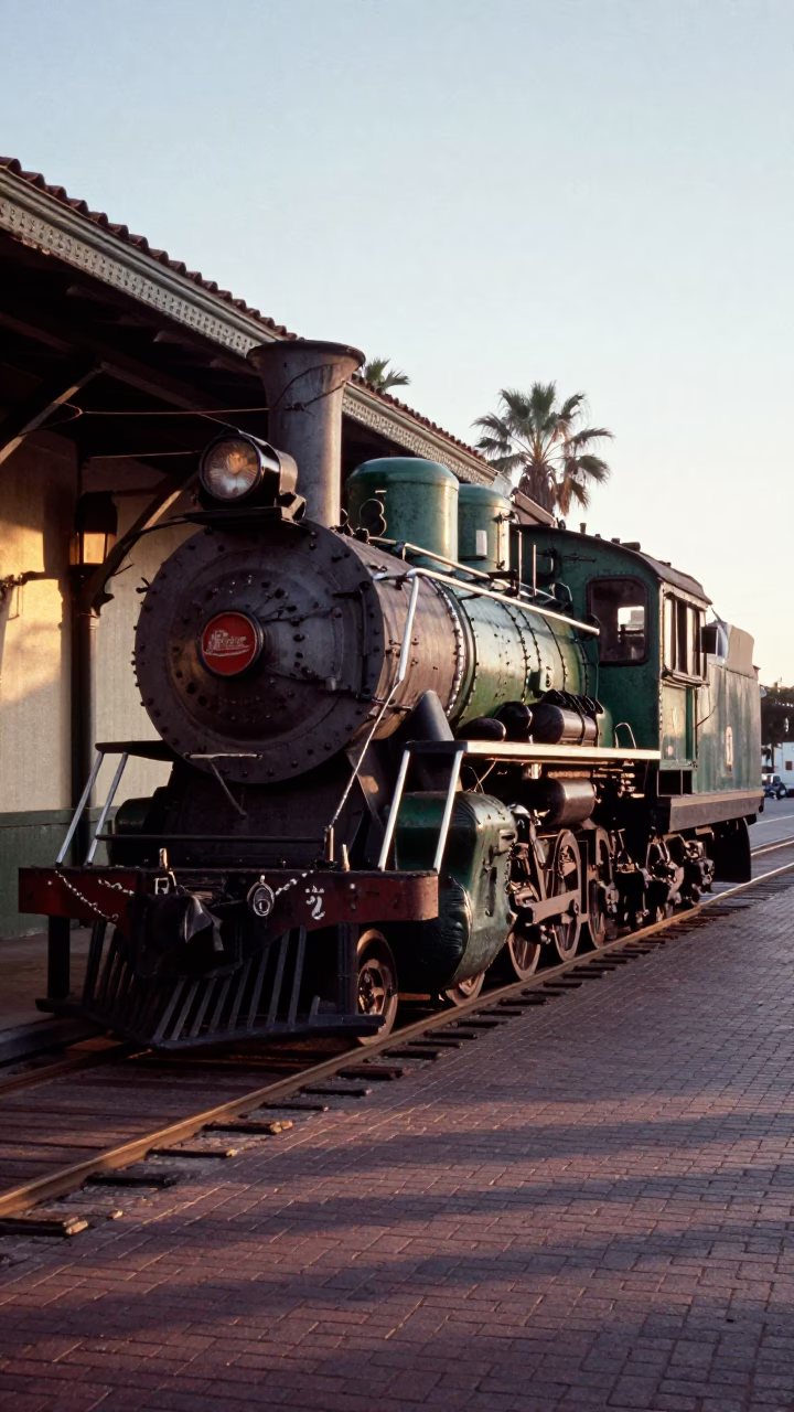 First Light on San Diego Balboa Park Heritage Locomotive and Tramcar in in San Diego, California, United States