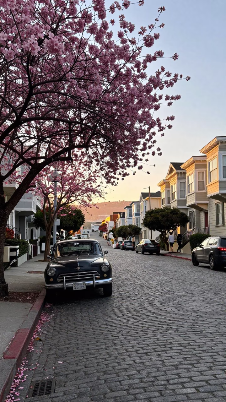 First Light on San Francisco Street with Cherry Blossoms and Vintage Car in in San Francisco, California, United States