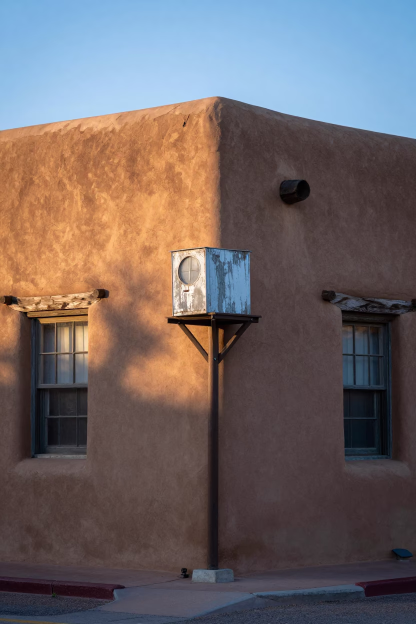 First Light on Santa Fe Adobe Architecture with Antiquated Weather Station Instruments in in Santa Fe, New Mexico, United States