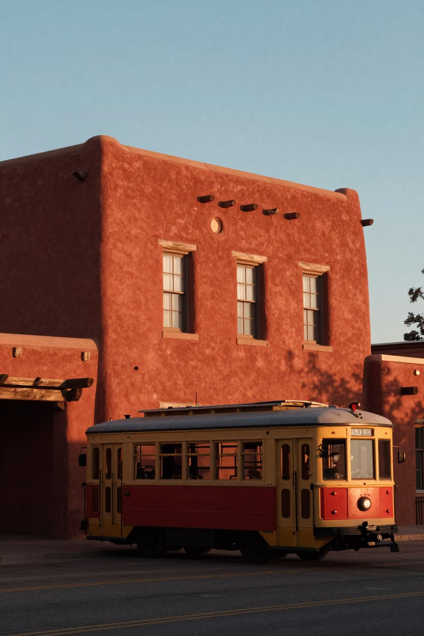 First Light on Santa Fe Adobe Walls with Tram and Blue Porcelain Bowl in in Santa Fe, New Mexico, United States