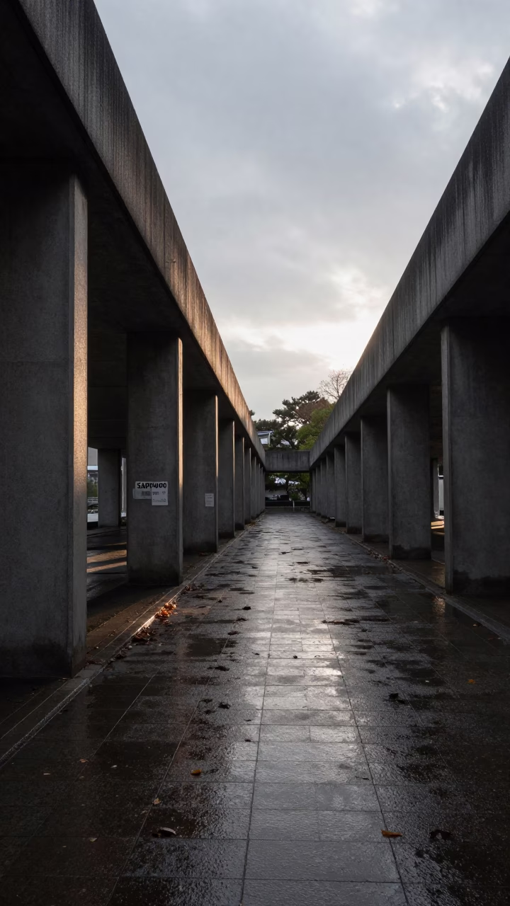 First light on Sapporo university arcade with wet leaves and morning commuter in in Sapporo, Japan