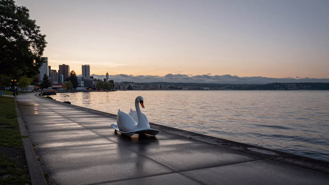 First Light on Seattle Lake Union with Swan Pedal Boat and Rainy Street Scene in in Seattle, Washington, United States