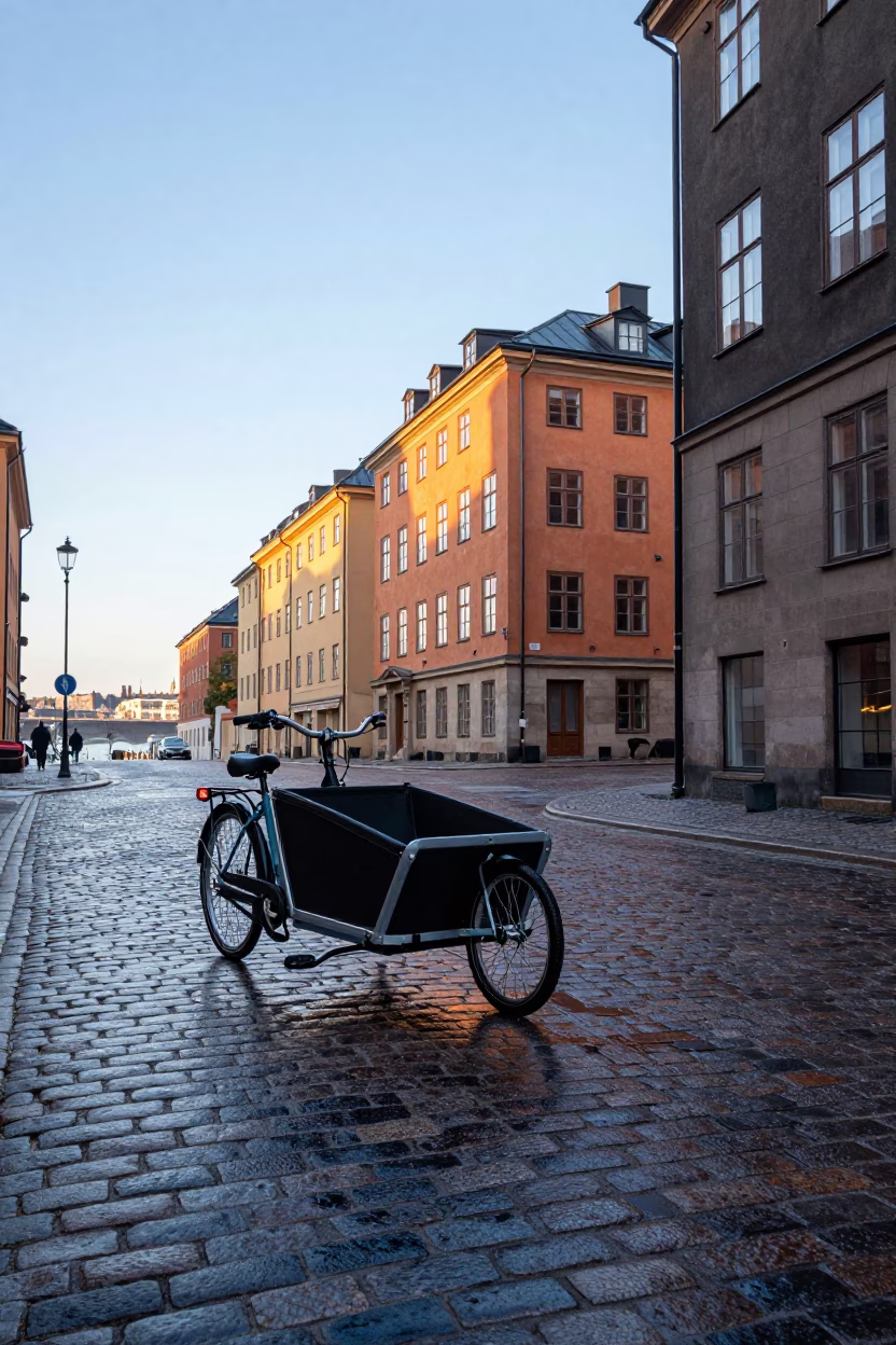 First Light on Stockholm Cobblestones with Cargo Bicycle and Flower Vendor in in Stockholm, Sweden