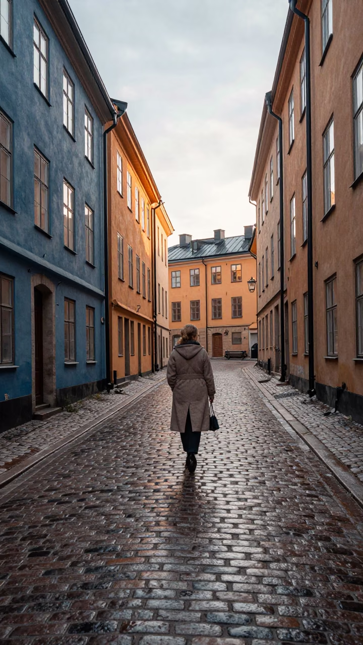First Light on Stockholm Cobblestones with Vintage 1950s Street Scene and Pedestrians in in Stockholm, Sweden