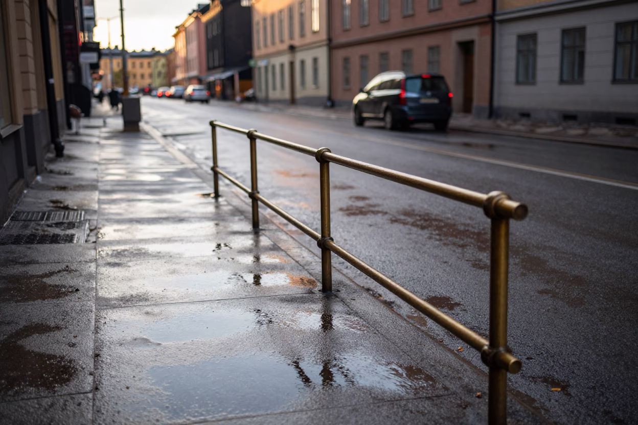 First Light on Stockholm Street with Puddle Reflection and Polished Brass Rail in in Stockholm, Sweden