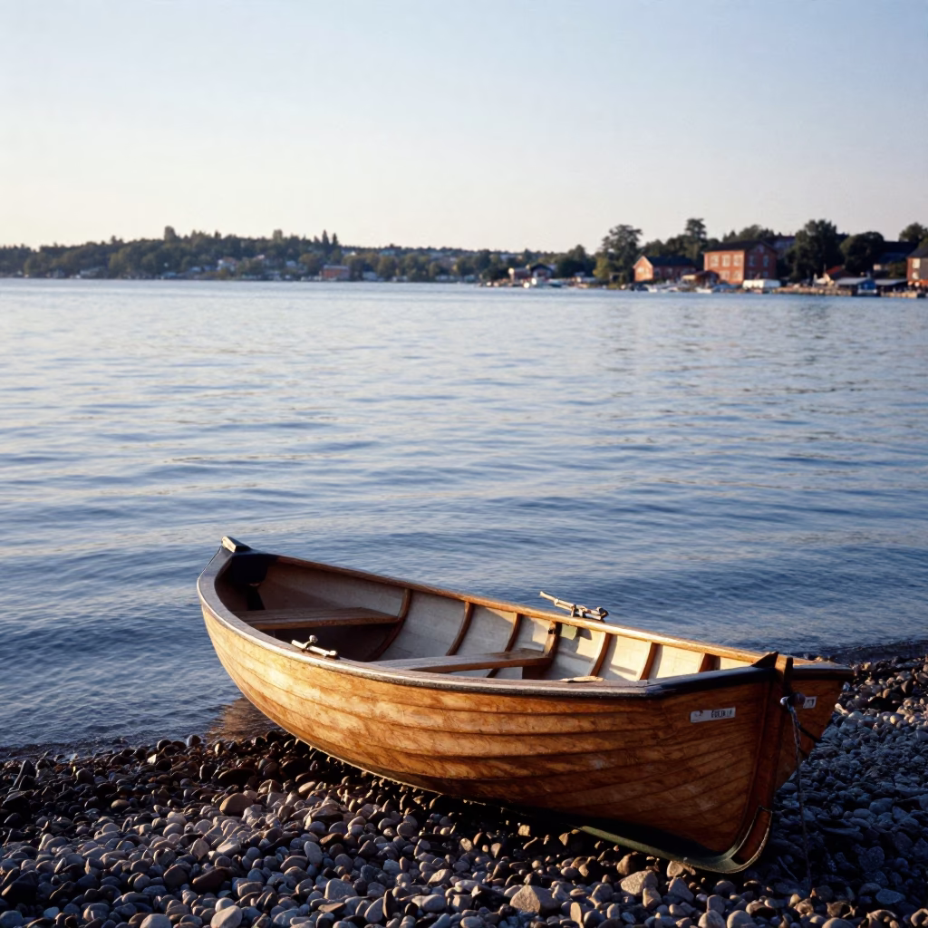 First light on Stockholm waterfront rowboat on pebble beach in in Stockholm, Sweden