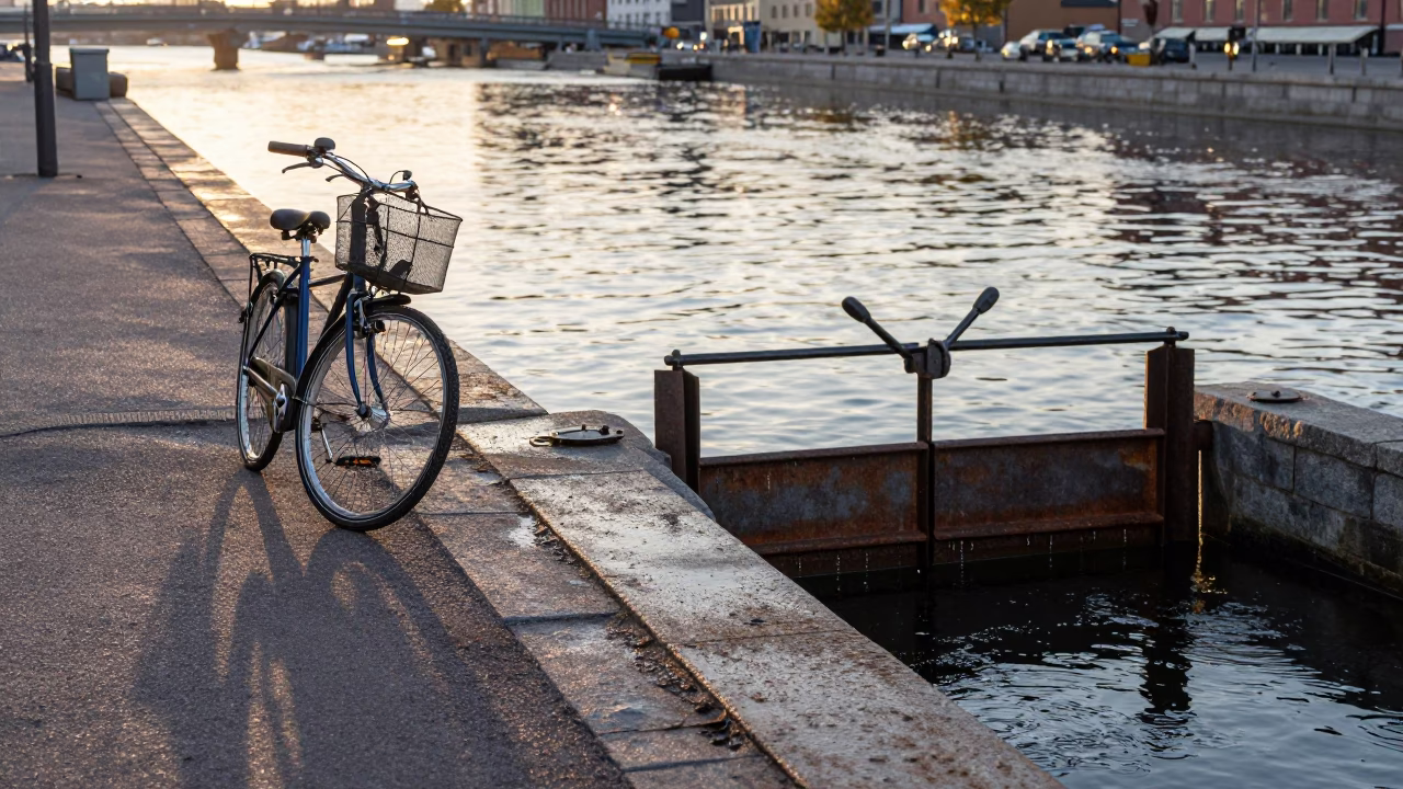 First Light on Stockholm Waterfront with Bicycle Basket and Canal Drip in in Stockholm, Sweden