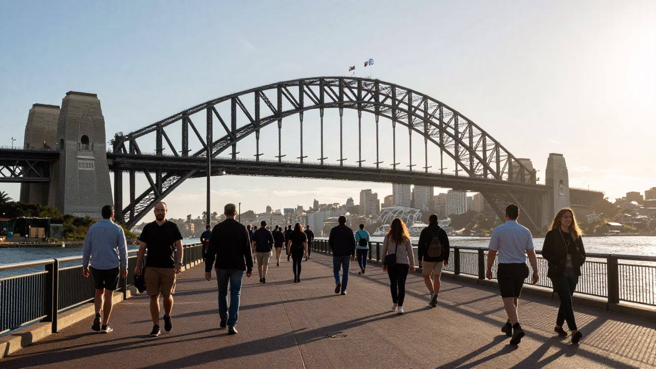 First Light on Sydney Harbor Bridge with Commuters and Urban Details in in Sydney, New South Wales, Australia