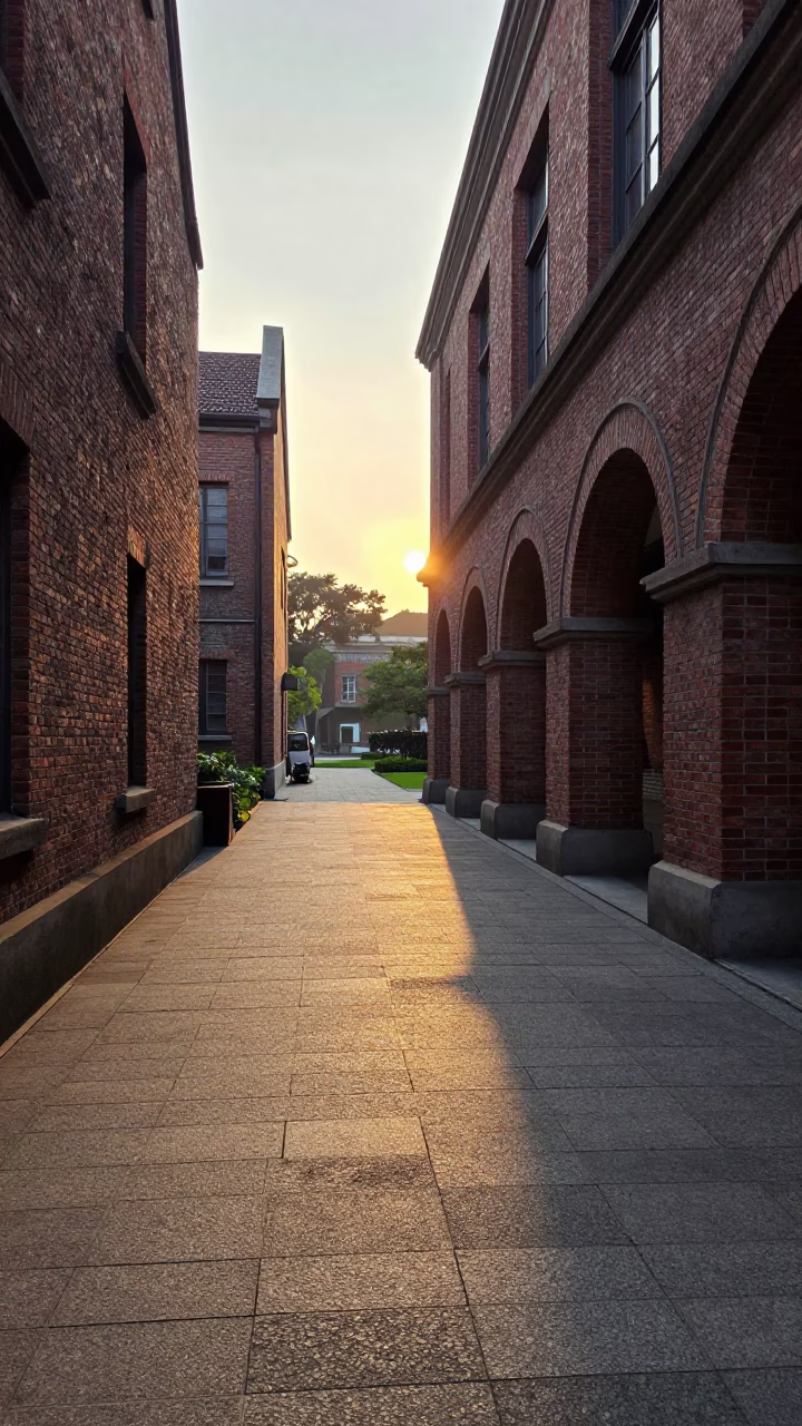 First Light on Taipei University Cloister Walkway Between Old Stone Buildings in in Taipei, Taiwan
