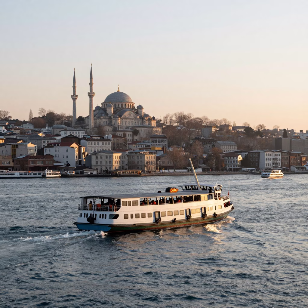 First light on the Bosphorus strait with historic minarets and morning traffic in in Istanbul, Turkey