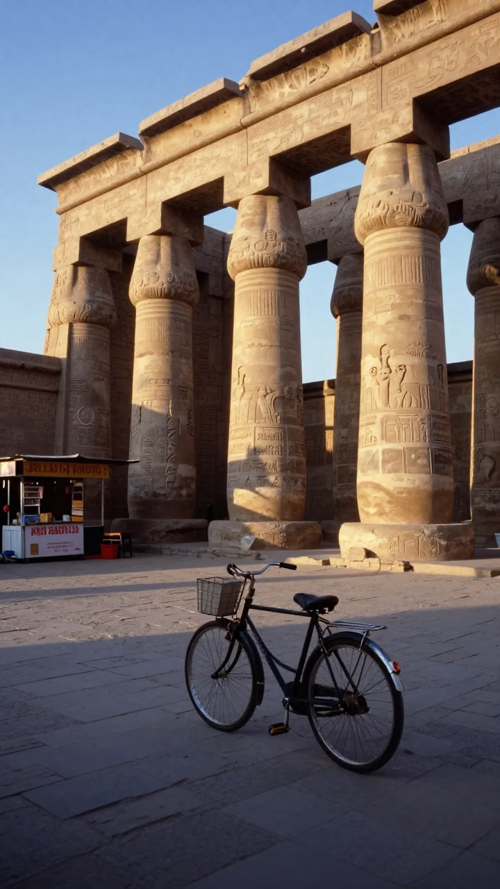 First light on the Nile in Luxor Egypt with bicycle and historic temple columns in in Luxor, Egypt
