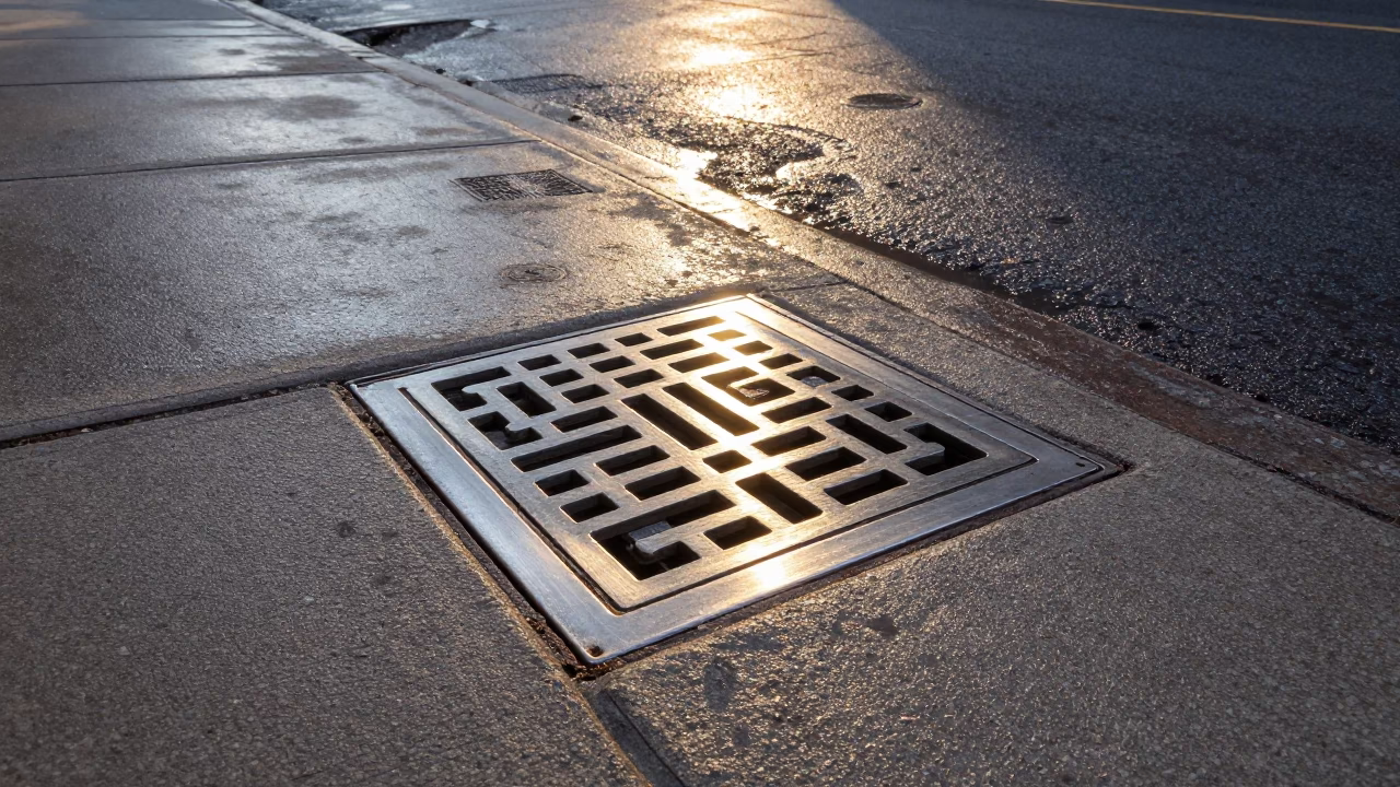 First Light on Toronto Street Corner with Brushed Steel Drain and Ginkgo Tree in in Toronto, Ontario, Canada