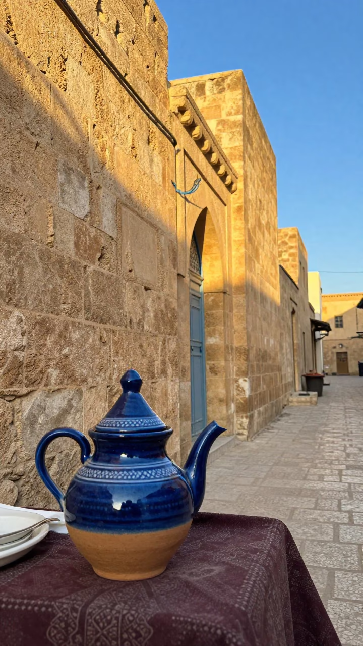 First Light on Tunis Medina Clay Teapot and Indigo Fabric Street Scene in in Tunis, Tunisia