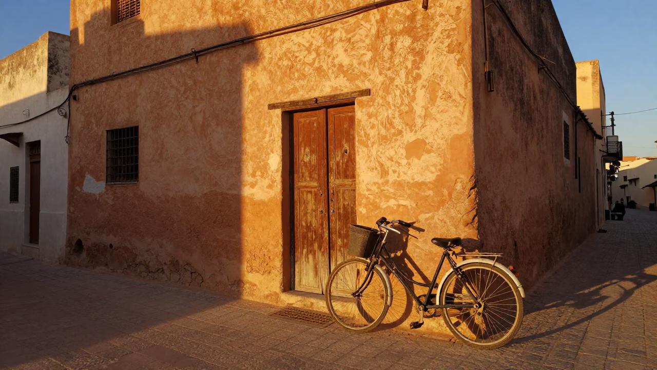 First Light on Tunis Medina Street with Bicycle Basket and Traditional Architecture in in Tunis, Tunisia