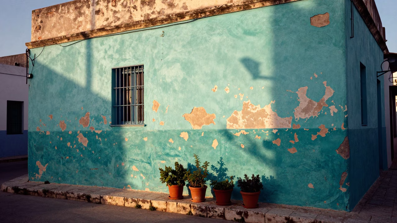 First Light on Tunis Street with Peeling Turquoise Paint and Potted Herbs in in Tunis, Tunisia