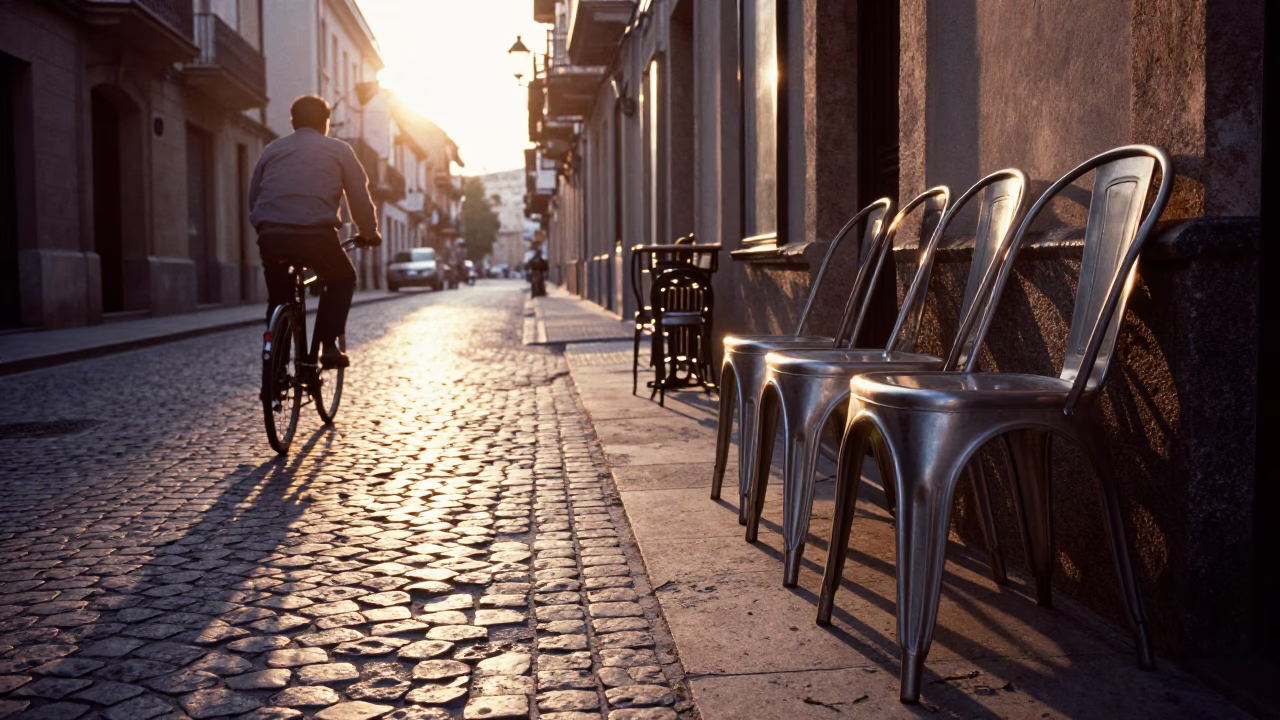 First Light on Valencia Street with Cyclist and Metal Stools in in Valencia, Spain