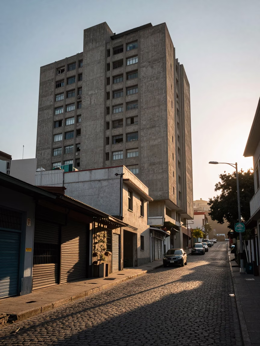 First Light on Valparaiso Street with Concrete Building and Local Life in in Valparaiso, Chile