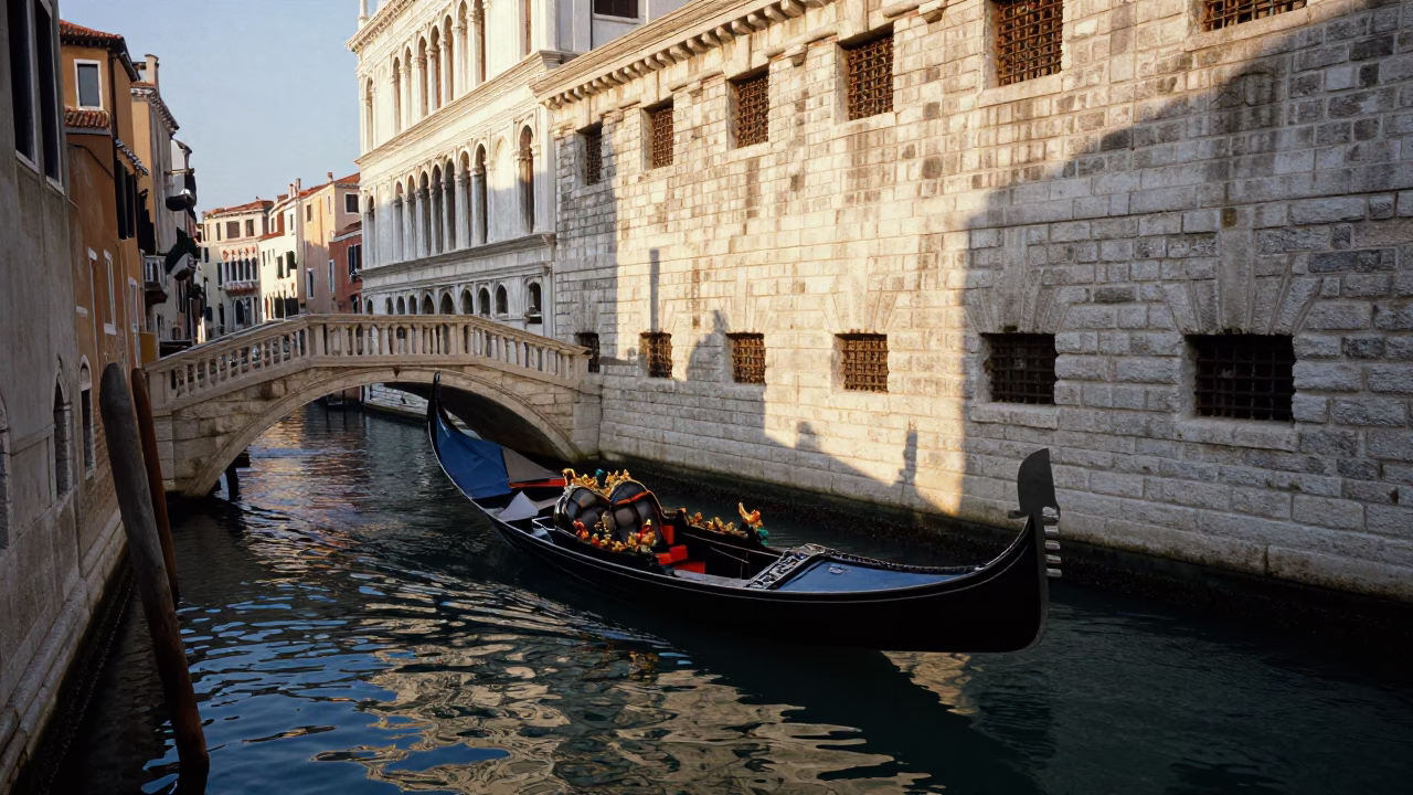 First Light on Venice Canals with Gondola and Water Hyacinth in in Venice, Italy