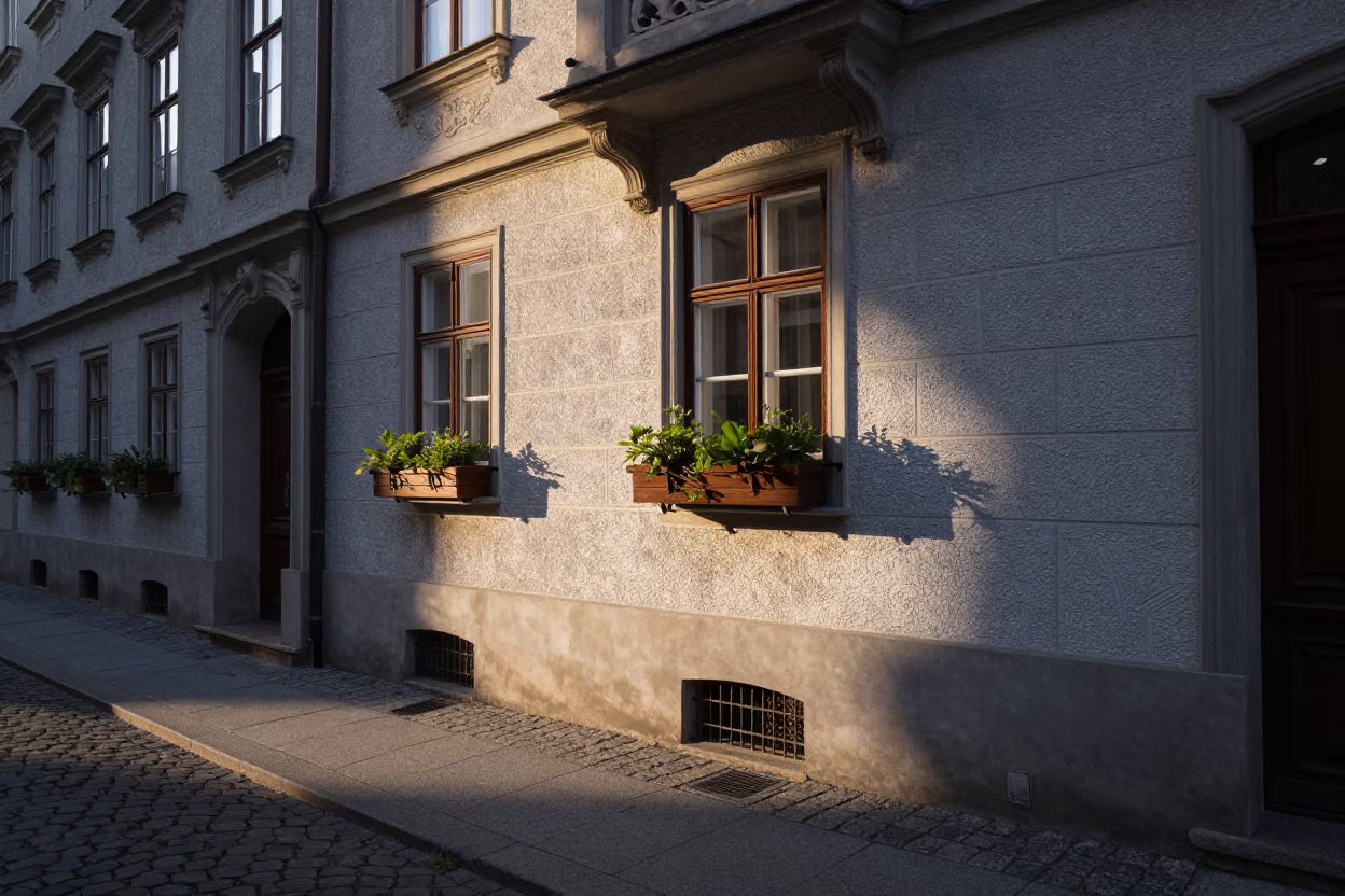 First Light on Vienna Street Corner with Window Box and Morning Commute in in Vienna, Austria