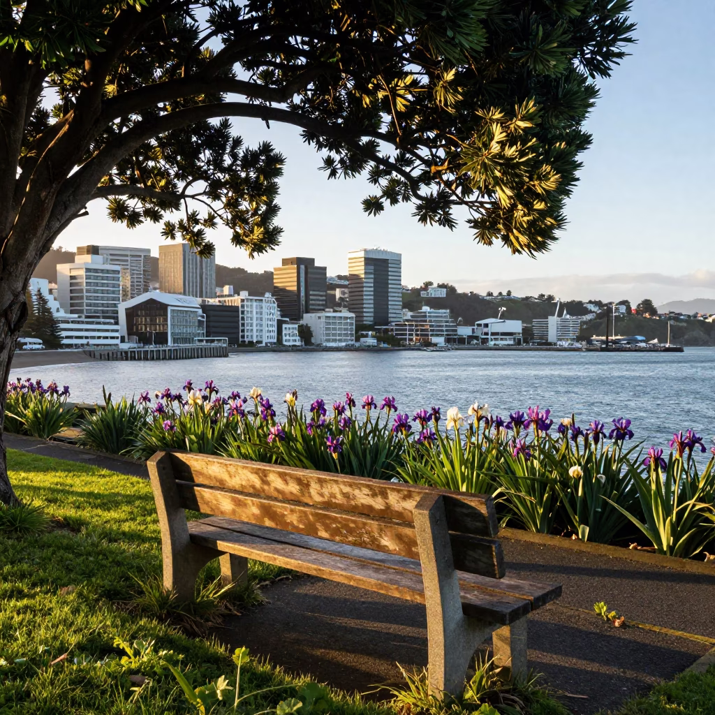 First Light on Wellington Harbour with Iris Blossoms and Blue Porcelain in in Wellington, New Zealand