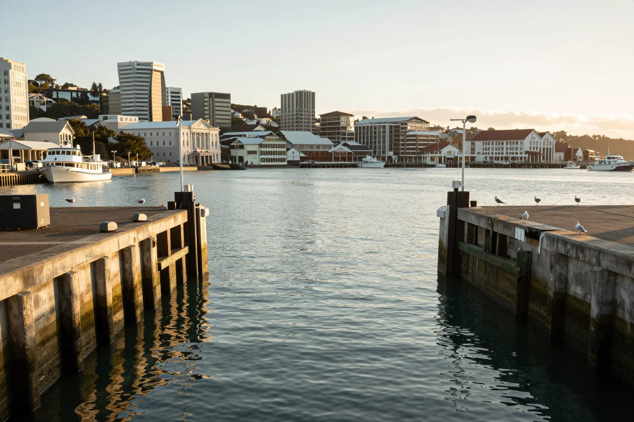 First Light on Wellington Quay with Seabirds and Historic Harbor Infrastructure in in Wellington, New Zealand