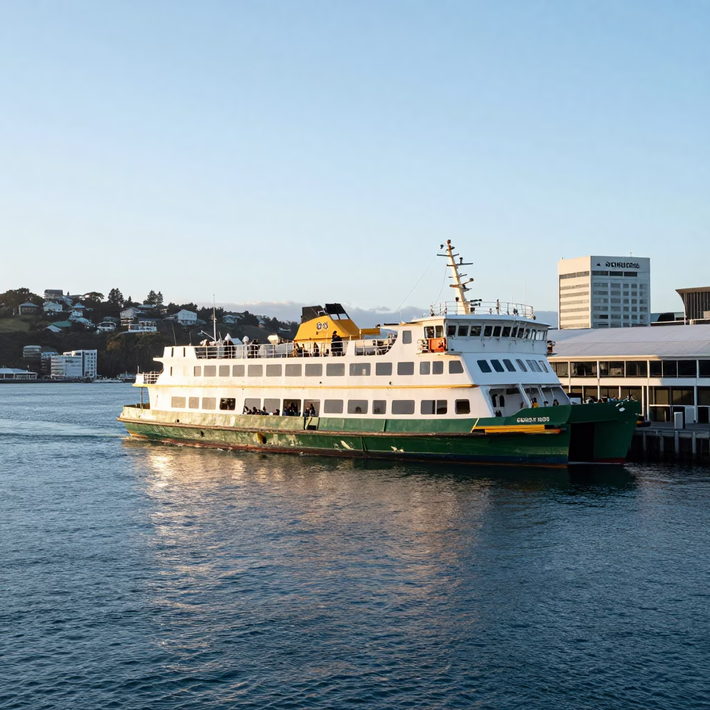 First Light on Wellington Waterfront with Ferry and Brushed Steel Architecture in in Wellington, New Zealand