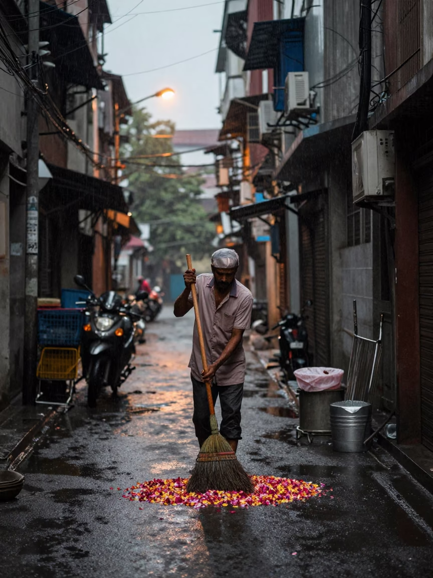 First Light on Worker in in Kolkata, India