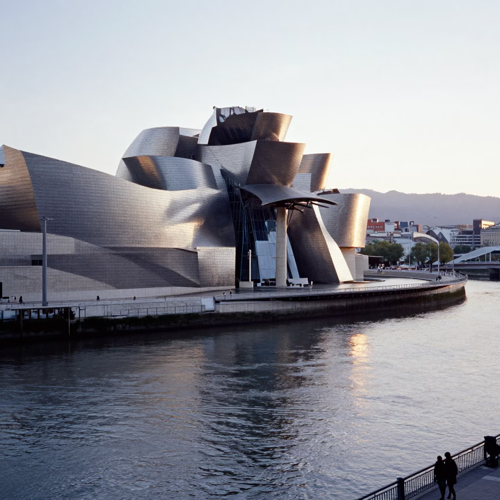 First light over Bilbao Spain riverfront Guggenheim Museum and Zubizuri bridge architecture in in Bilbao, Spain
