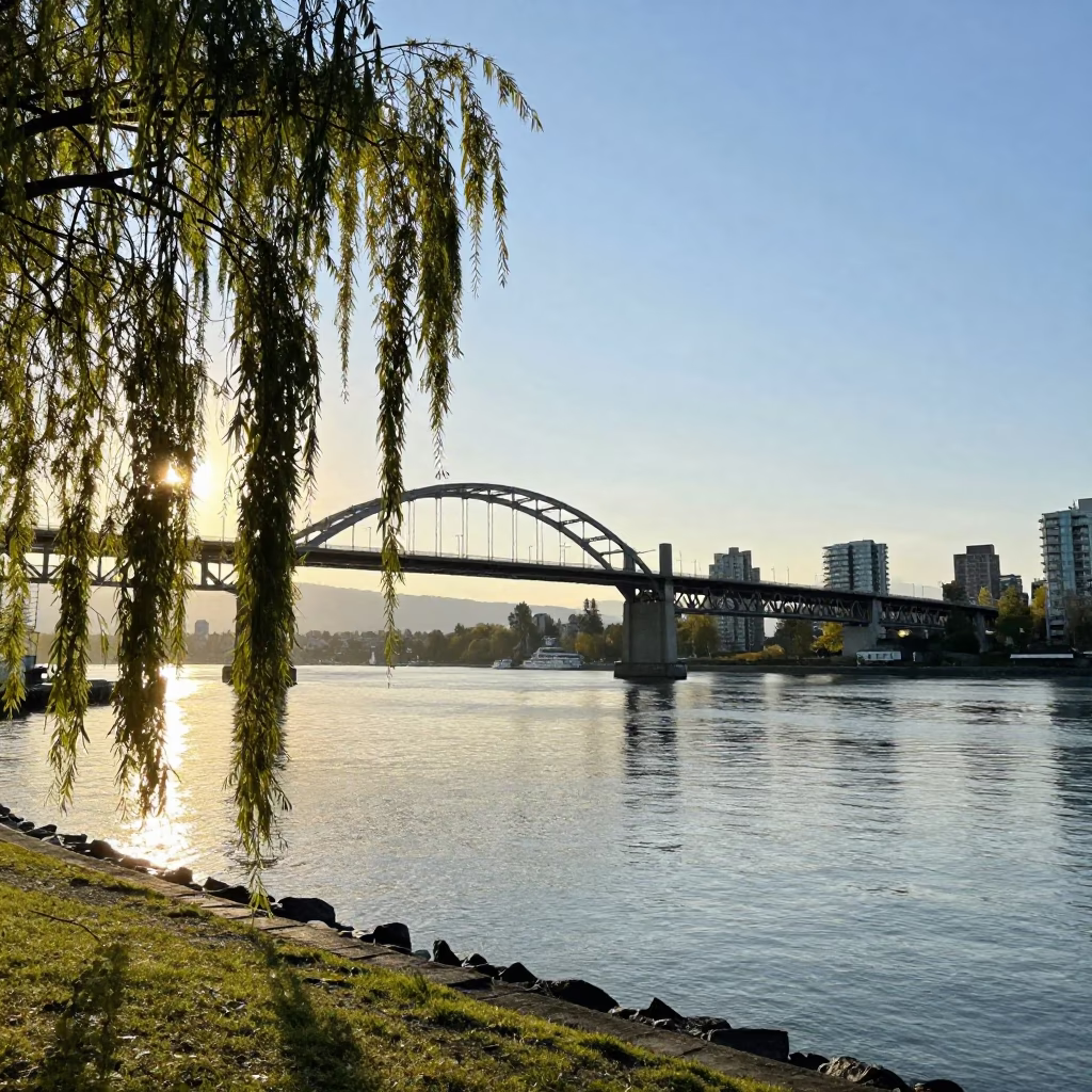 First Light Over Burrard Street Bridge with Weeping Willow and Urban Transit in in Vancouver, British Columbia, Canada