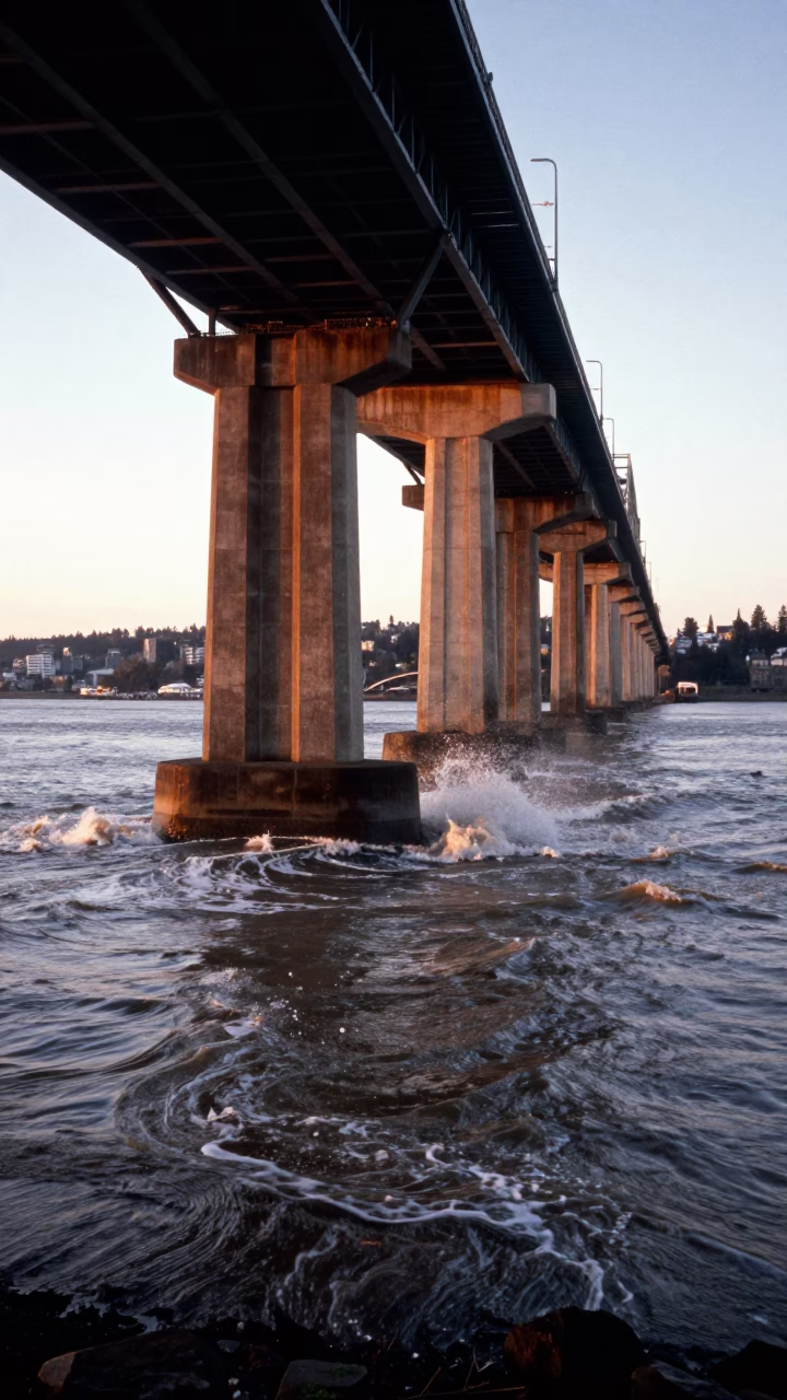 First Light Over Portland Oregon Bridge Pier Cutwater Splitting Flood Brown Columbia River Current in in Portland, Oregon, United States