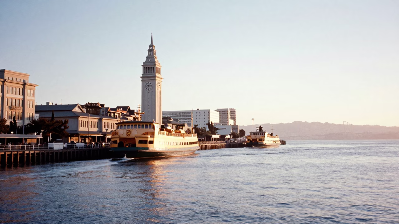 First Light Over San Francisco Bay with Ferry Wharf and City Skyline in in San Francisco, California, United States