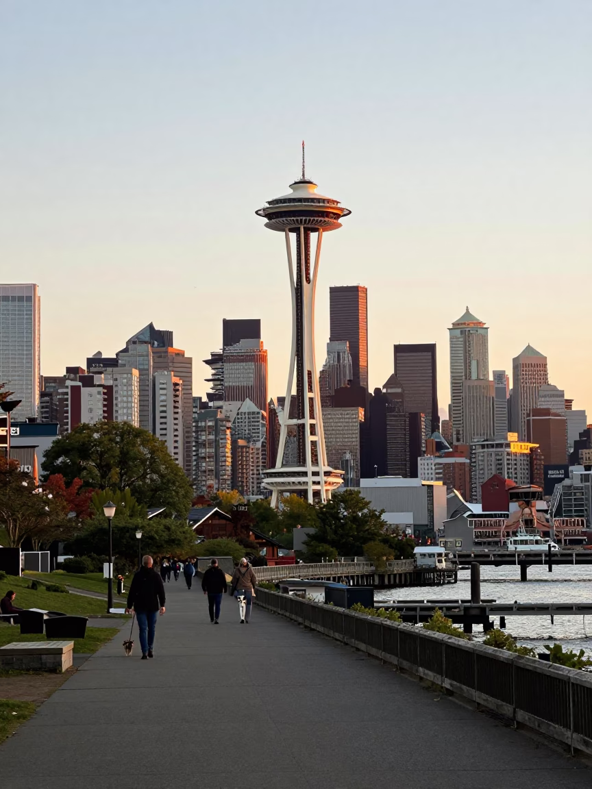 First light over Seattle Washington skyline and waterfront with street level details in in Seattle, Washington, United States