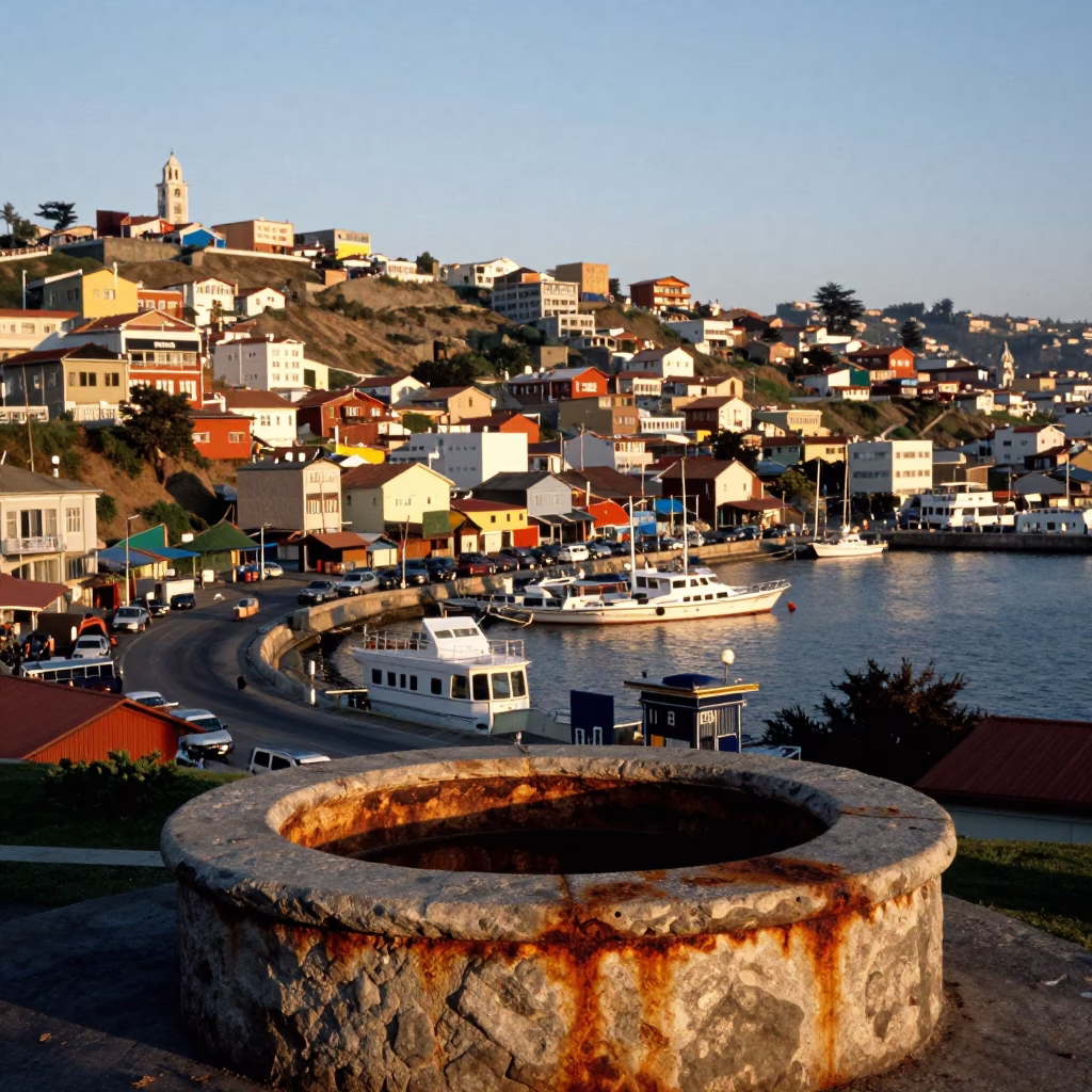 First Light Over Valparaiso Chile Harbor with Rusty Basin and Canisters in in Valparaiso, Chile