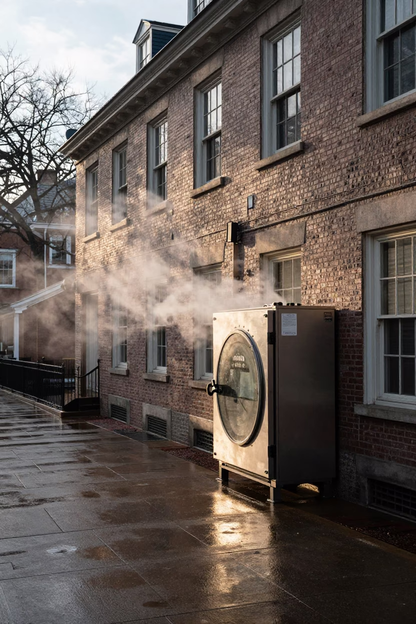 First Light Philadelphia Street Scene with Condensed Steam and Linen Fringe Details in in Philadelphia, Pennsylvania, United States