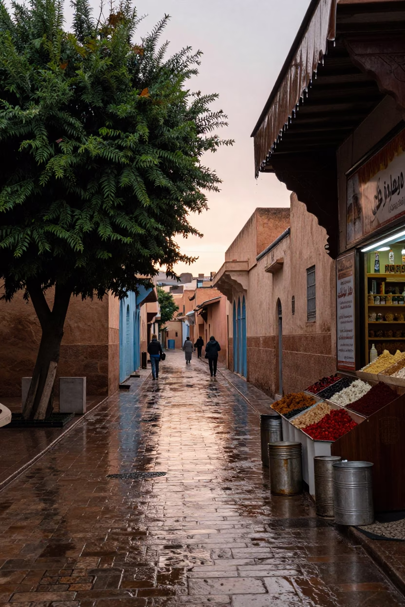 First Light Rain Fez Morocco Street Scene With Tree And Coffee Tin in in Fez, Morocco