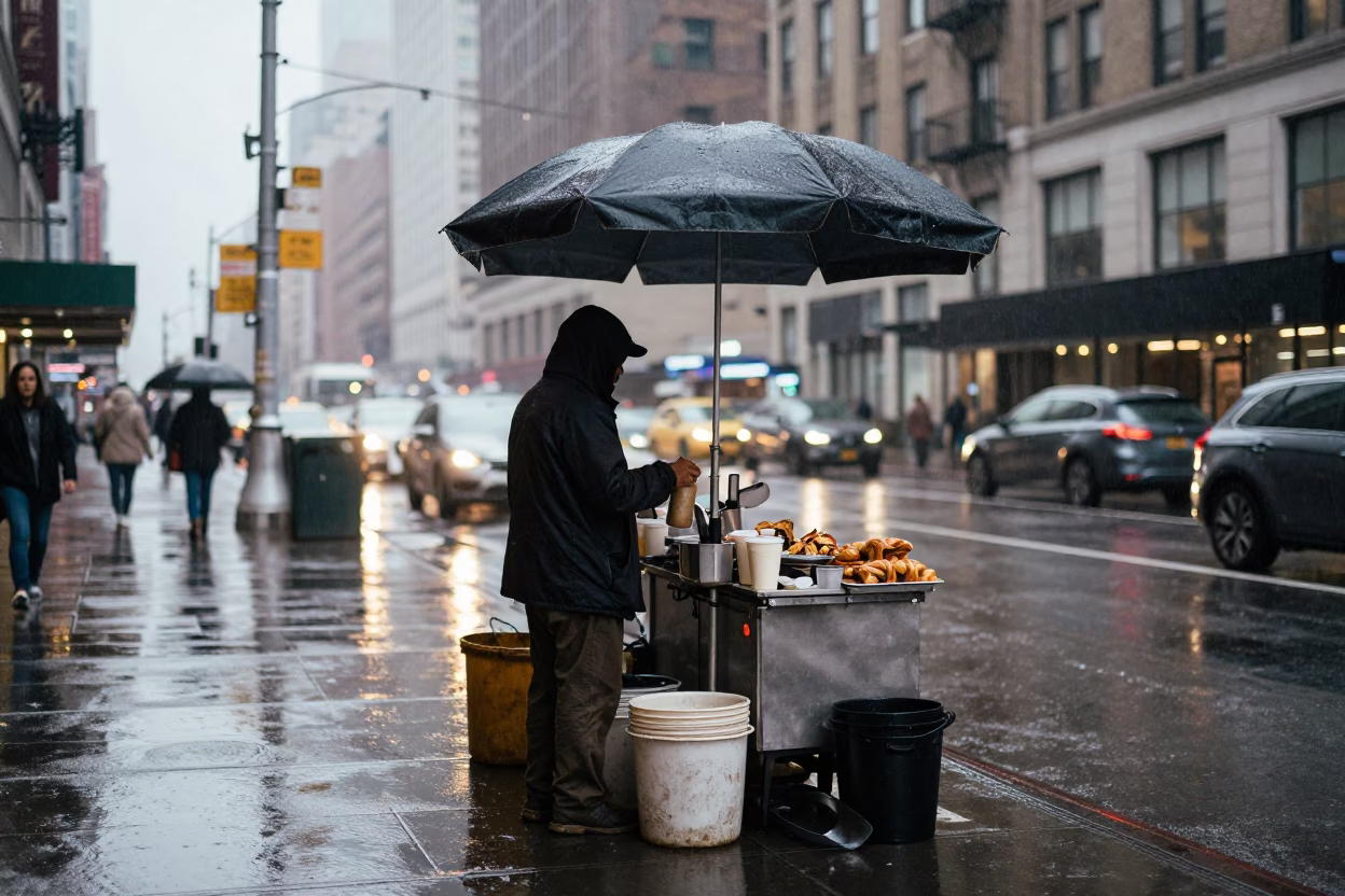 First Light Rain New York City Street Corner Vendor Stall with Umbrellas in in New York, New York, United States
