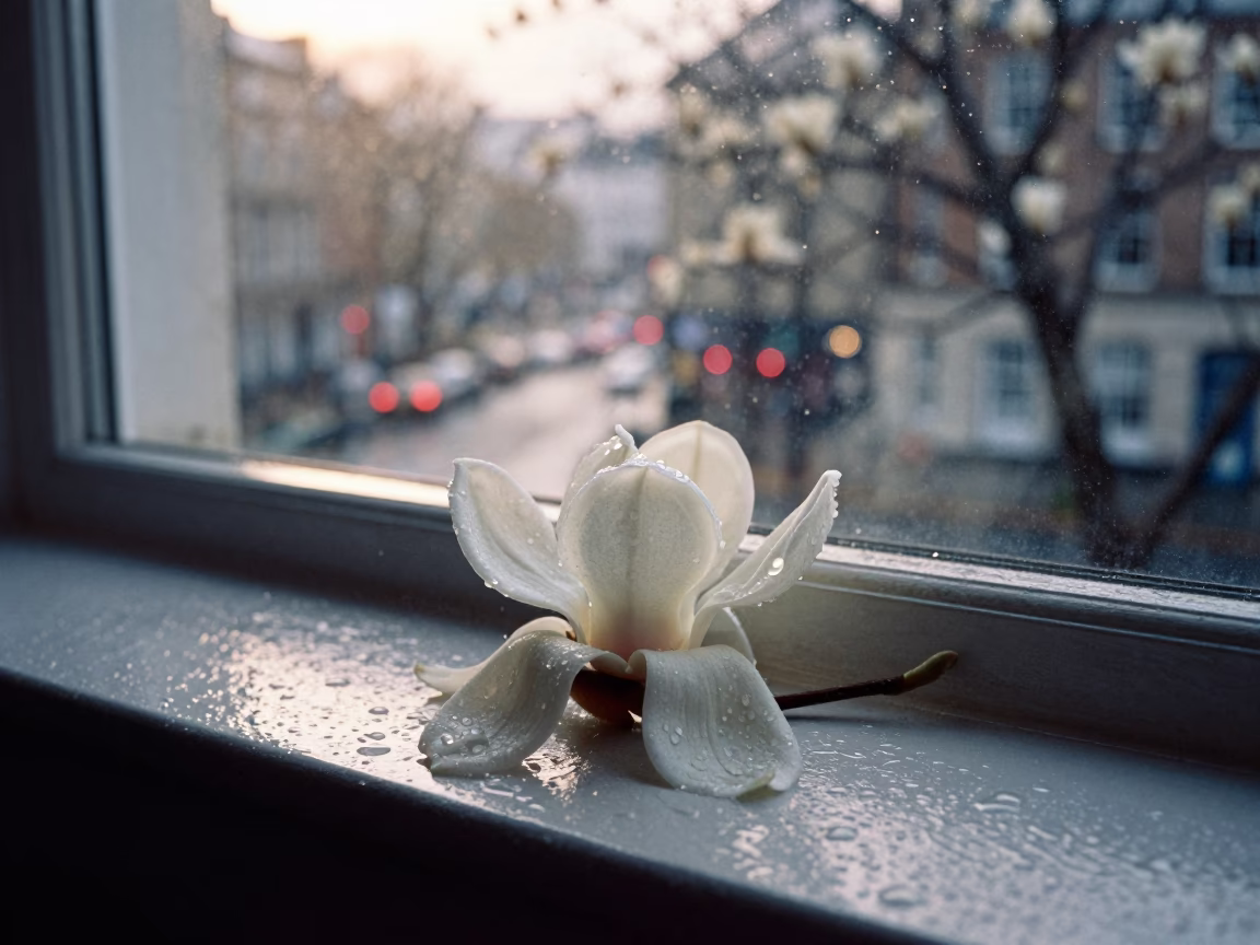 First Light Rain on Liverpool Street Magnolia Bloom and Wet Pavement in in Liverpool, United Kingdom