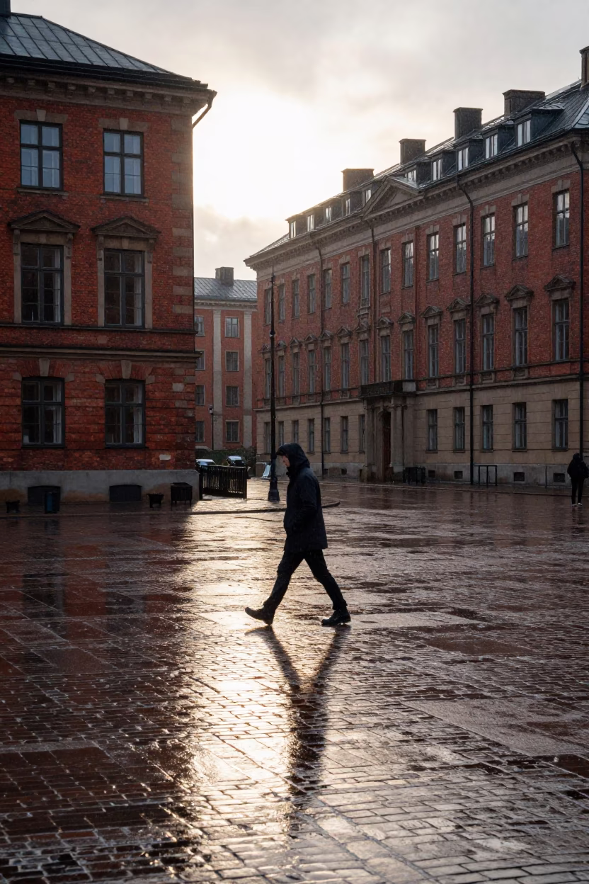 First Light Rain on Stockholm Campus Quad Wet Pavement Between Red Brick Buildings in in Stockholm, Sweden