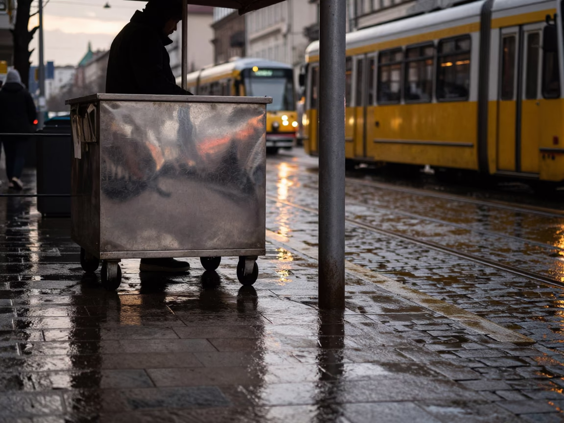 First light rain reflections on brushed steel Budapest street corner in in Budapest, Hungary